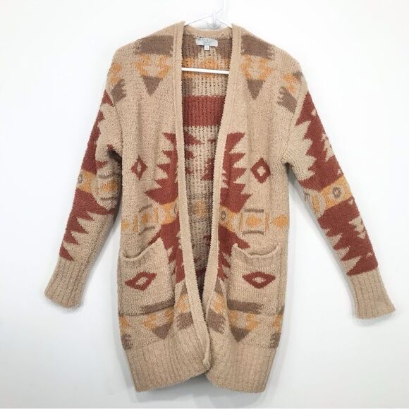 Poof Tan Rust Orange Aztec Tribal Ethnic Design Soft Loop Knit Teddy Cardigan - Picture 1 of 14
